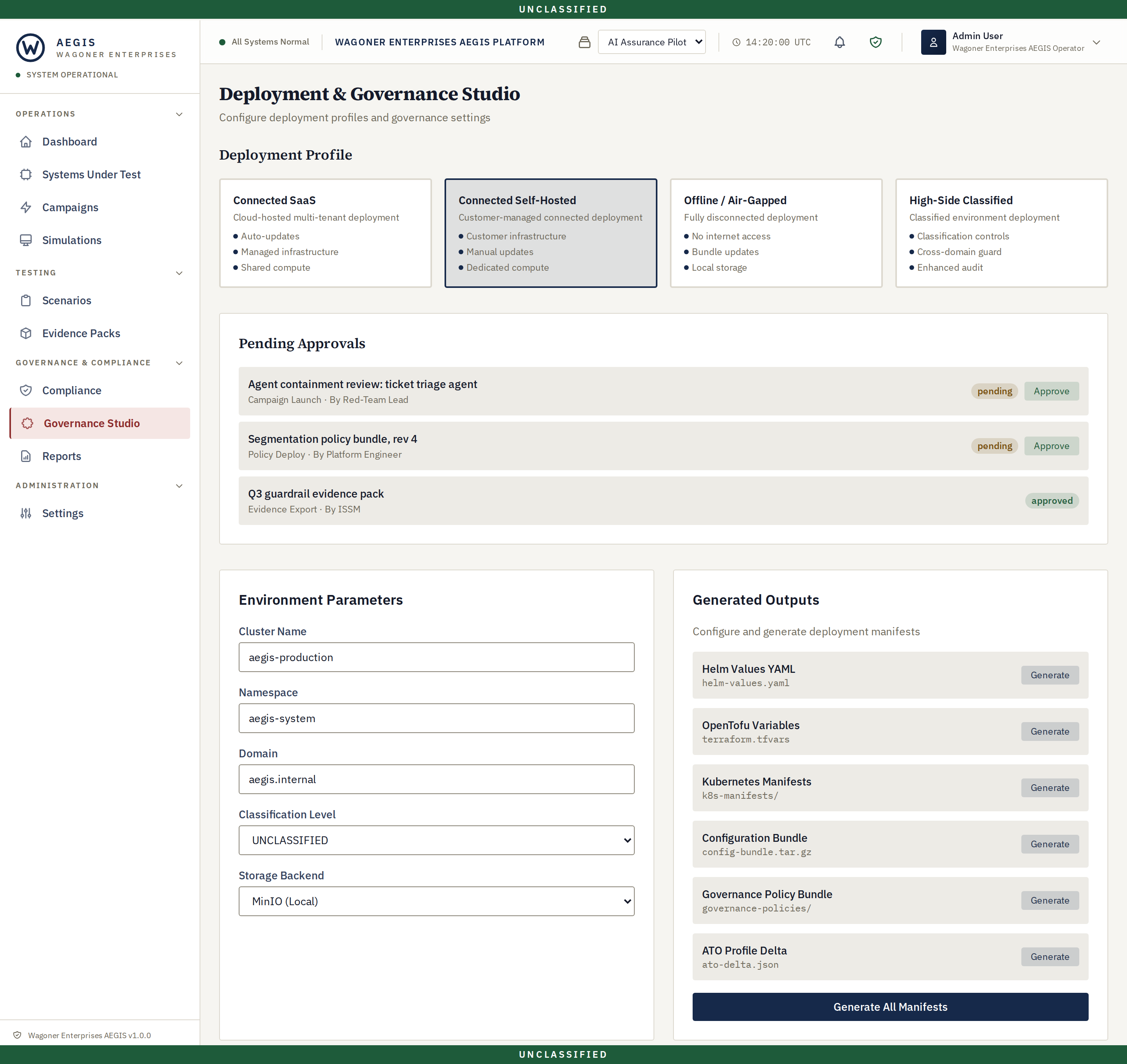 Aegis Deployment and Governance Studio showing four deployment profile cards, a Pending Approvals panel in which a campaign launch and a policy deployment await approval and an evidence export requested by the ISSM is already approved, and an environment parameters form for cluster name, namespace, domain, classification level, and storage backend.