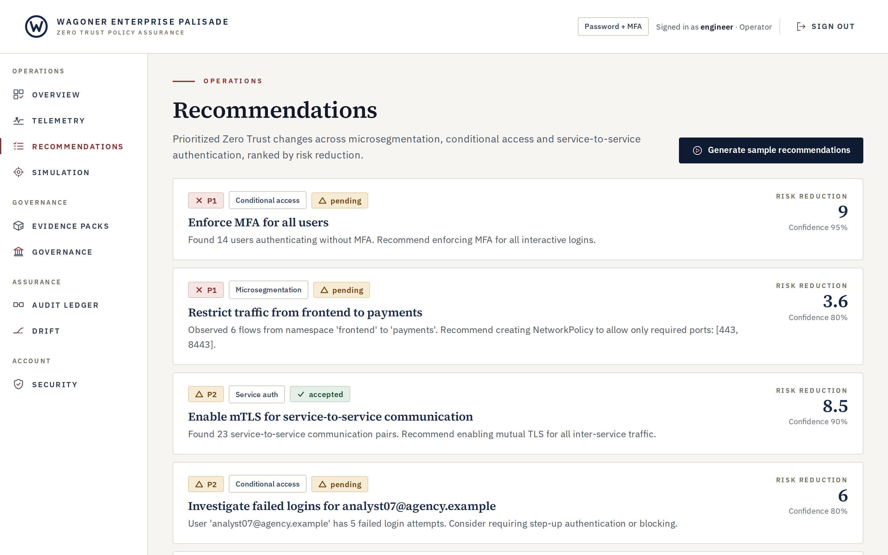 Palisade recommendations screen showing ranked cards. Each card carries a priority, a type such as conditional access, microsegmentation, or service authentication, and a status. Visible titles include enforcing MFA for all users, restricting traffic from a frontend to a payments service, and requiring mutual authentication between services. Each card shows a short rationale and a risk reduction value with its confidence.