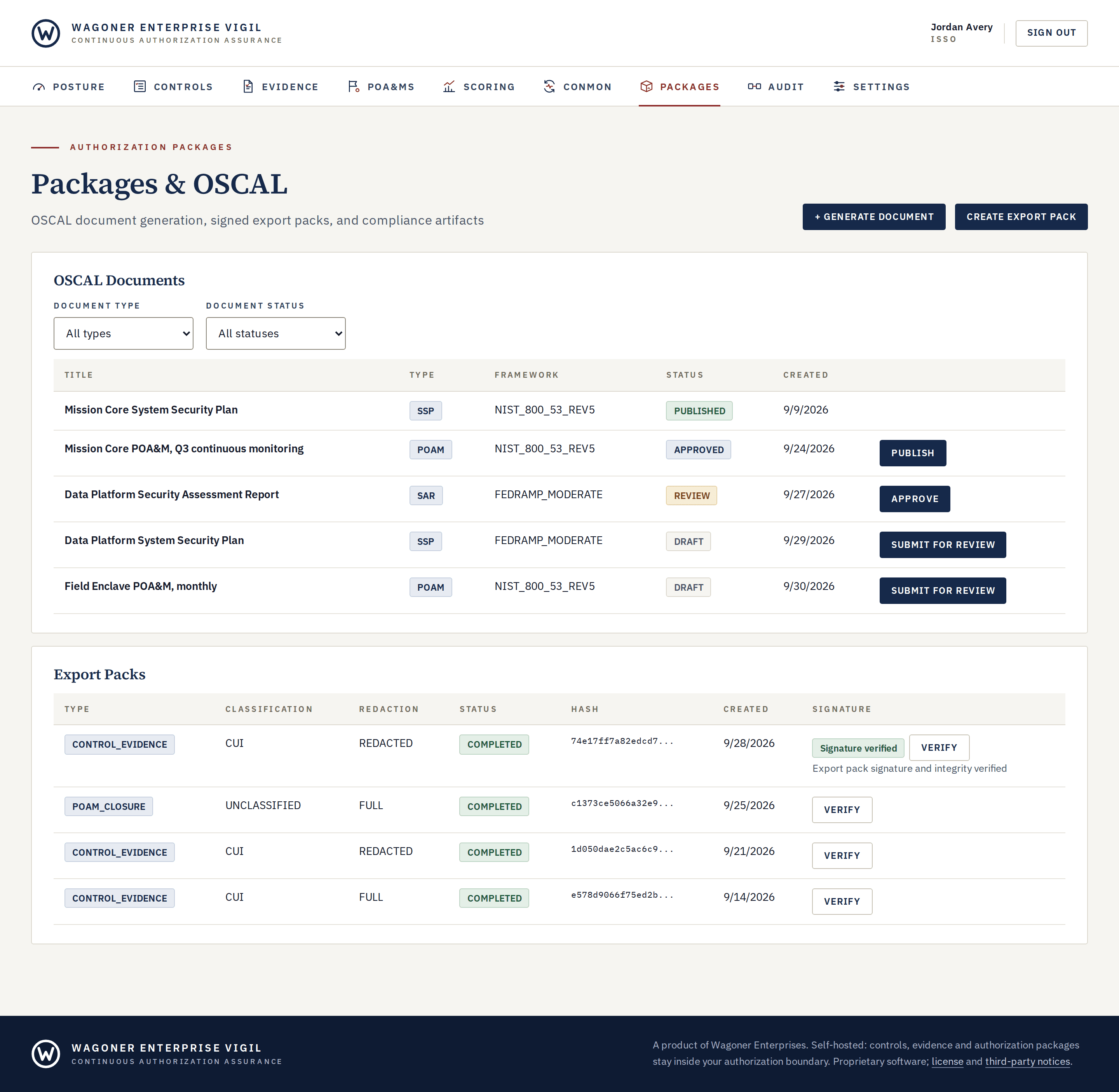 Vigil Packages and OSCAL screen. A table of OSCAL documents shows security plans, an assessment report, and POA&M documents with their framework, lifecycle status, and next action. Below, a table of signed export packs shows classification marking, full or redacted mode, and a Verify button, with the first pack showing its signature verified.